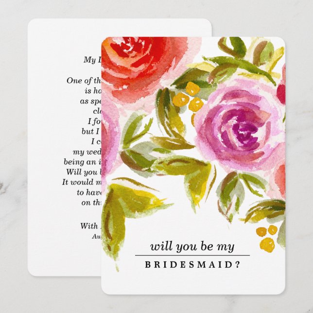 Will you be my Bridesmaid? Peach Red Floral Invitation (Front/Back)