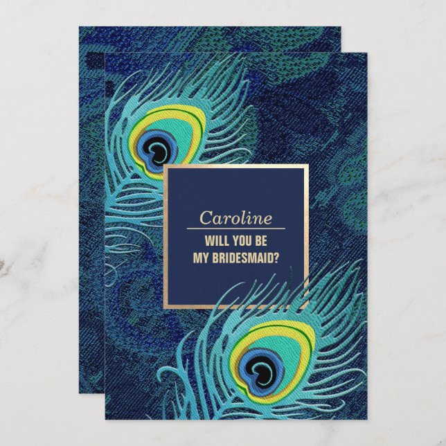 Will you be my Bridesmaid? Peacock Feather Invitation (Front/Back)