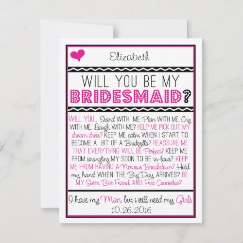 Will you be my Bridesmaid? Pink/Black Fun Collage Invite