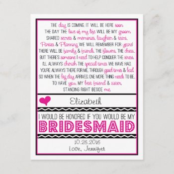 Will You Be My Bridesmaid? Pink/black Poem Card by weddingsnwhimsy at Zazzle