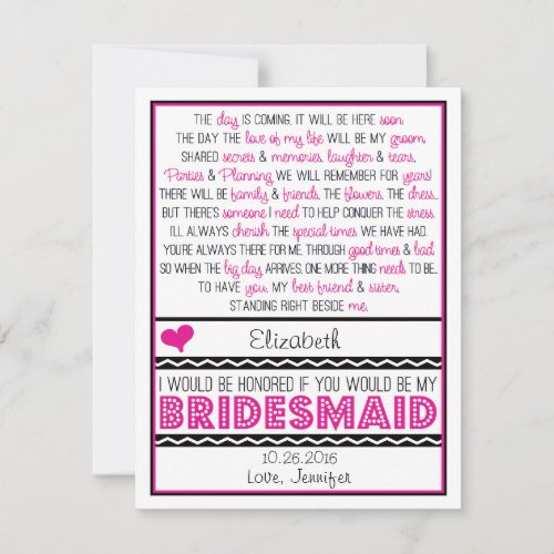 Will you be my Bridesmaid? Pink/Black Poem Card
