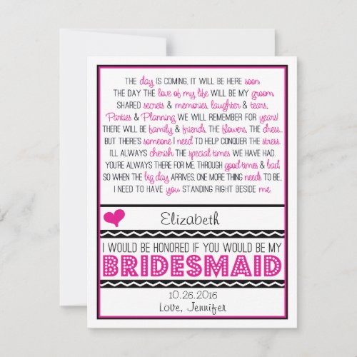Will you be my Bridesmaid? Pink/Black Poem Card V2