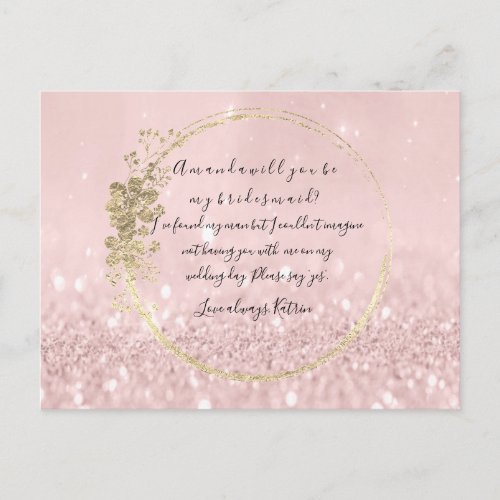 Will You Be My Bridesmaid Pink Blush Gold Glitter Invitation Postcard