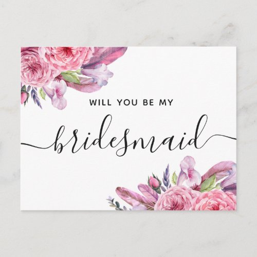 Will you be my bridesmaid Pink boho floral script Invitation Postcard
