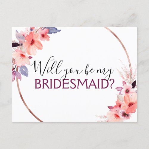 Will you Be My Bridesmaid Pink Coral Purple Announcement Postcard