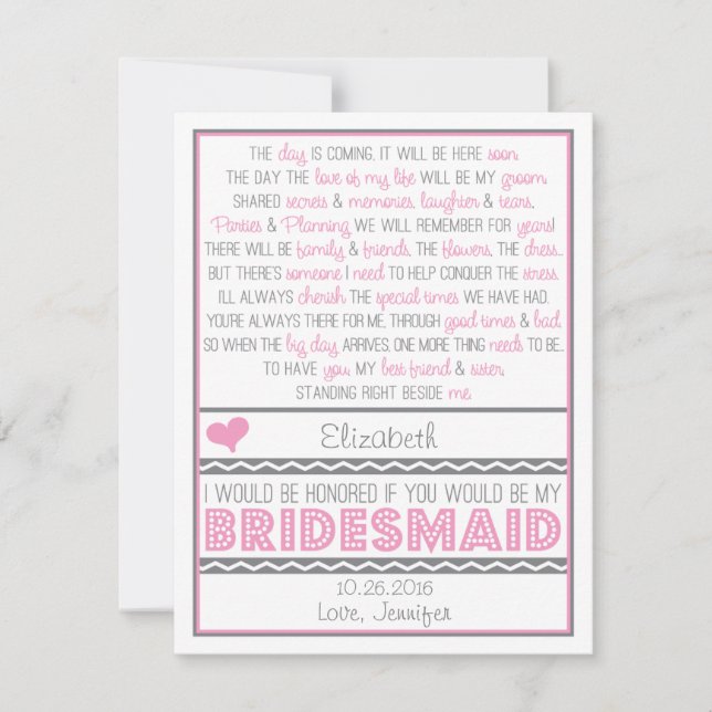 Will you be my Bridesmaid? Pink/Gray Poem Card (Front)