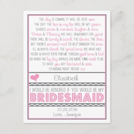 Will You Be My Bridesmaid? Pink/gray Poem Card