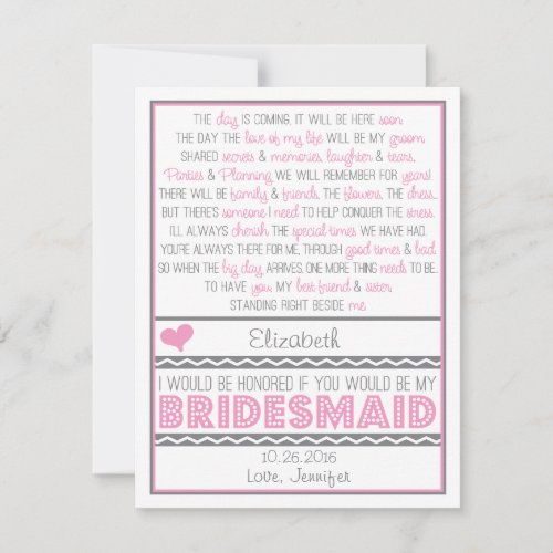 Will you be my Bridesmaid? Pink/Gray Poem Card