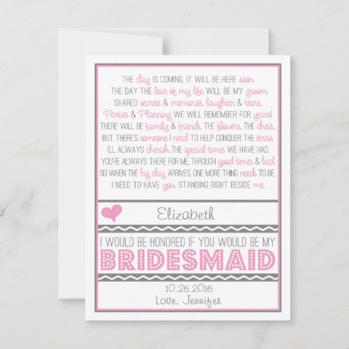 Will you be my Bridesmaid? Pink/Gray Poem Card V2