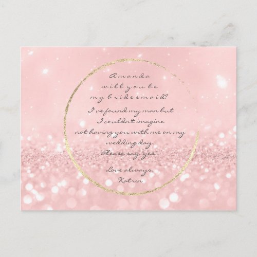 Will You Be My Bridesmaid Pink Powder Gold Glitter Invitation Postcard