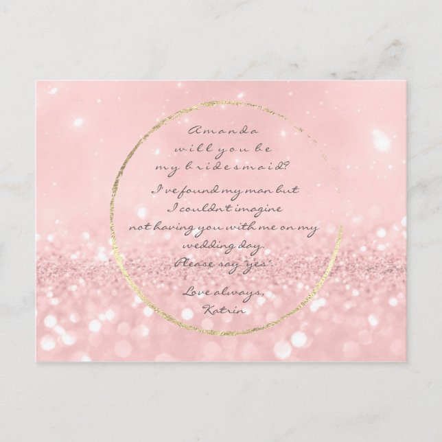 Will You Be My Bridesmaid Pink Powder Gold Glitter Invitation Postcard (Front)