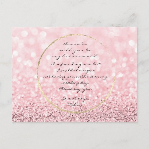 Will You Be My Bridesmaid Pink Rose Gold Glitter1 Invitation Postcard