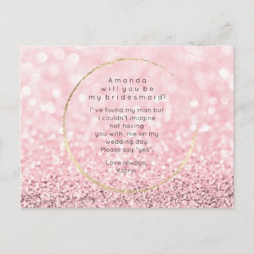 Will You Be My Bridesmaid Pink Rose Gold Glitter Invitation Postcard