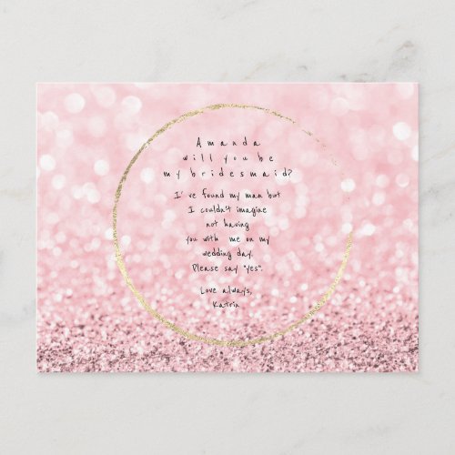 Will You Be My Bridesmaid Pink Rose Gold Glitter Invitation Postcard