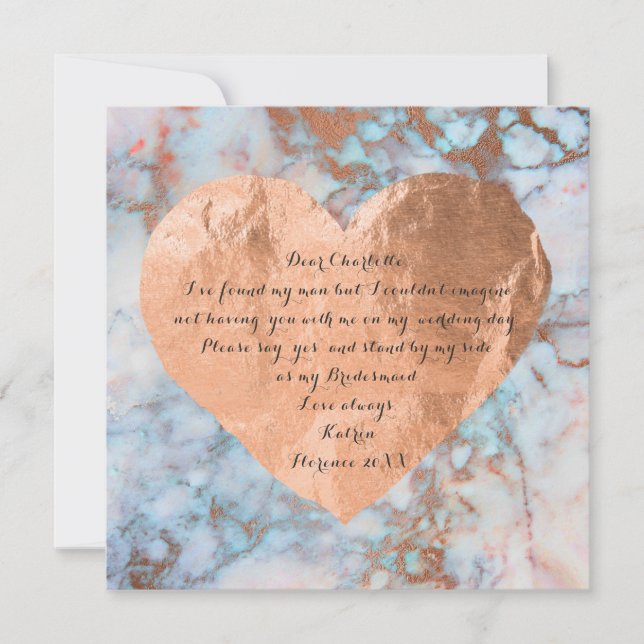 Will You Be My Bridesmaid Pink Rose Marble Heart Invitation (Front)