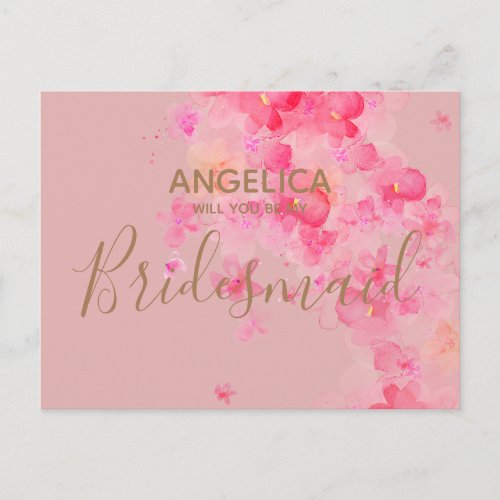 Will you be my Bridesmaid Pink Watercolour Floral Invitation Postcard