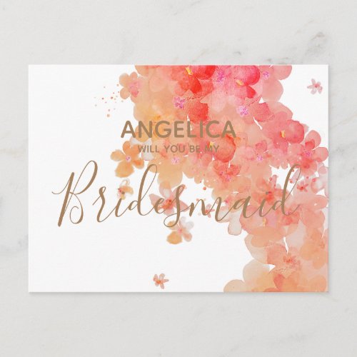 Will you be my Bridesmaid Pink Watercolour Floral Invitation Postcard