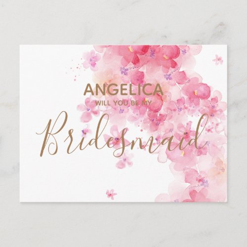 Will you be my Bridesmaid Pink Watercolour Floral Invitation Postcard