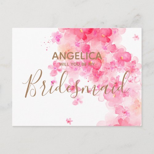 Will you be my Bridesmaid Pink Watercolour Floral Invitation Postcard