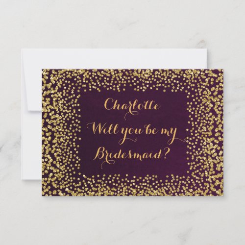 Will You Be My Bridesmaid Plum Gold Confetti Invitation