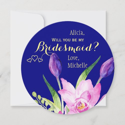 Will you be my bridesmaid plum navy floral invitation