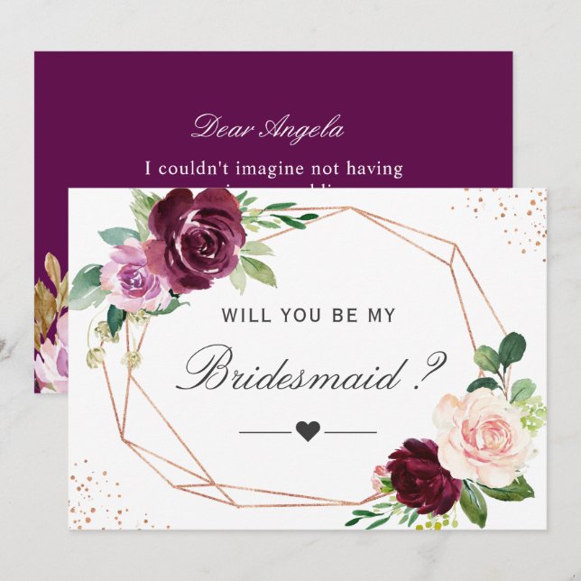 Will You Be My Bridesmaid Plum Purple Floral Invitation (Front/Back)