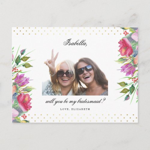 Will You Be My Bridesmaid  Polka Dots  Flowers Invitation Postcard