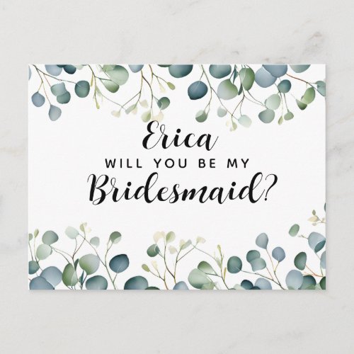 Will you be my bridesmaid postcard eucalyptus 