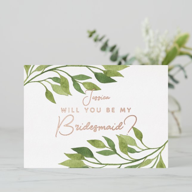 Will you be my bridesmaid postcard greenery leaf (Standing Front)