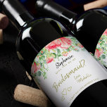 Will you be my bridesmaid proposal floral gift wine label<br><div class="desc">Personalized will you be my maid of honor / bridesmaid / matron of honor / flower girl editable golden text wine label gift featuring big blush and coral pink elegant garden roses with sage green foliage and leaves on a plain white background. Ideal for a romantic watercolor spring or summer...</div>