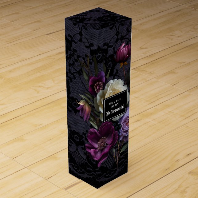 Will You Be My Bridesmaid? Purple and Black Floral Wine Box (Front)