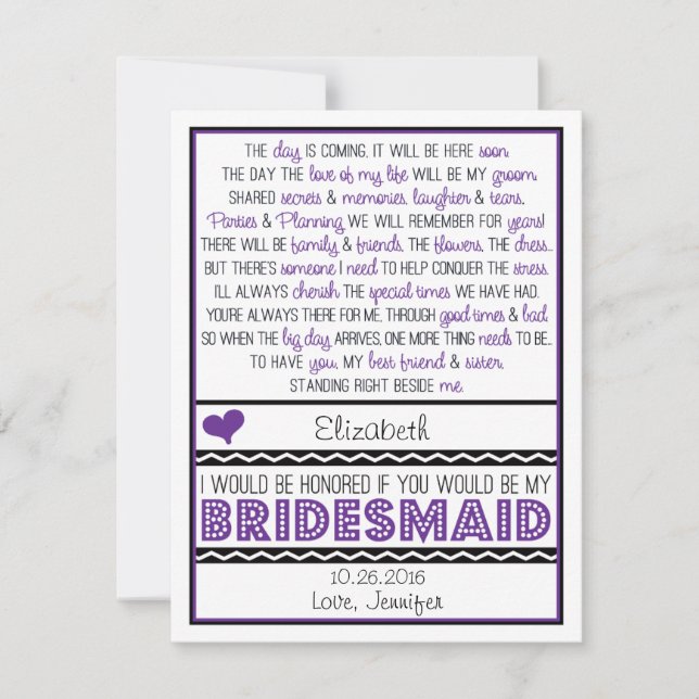 Will you be my Bridesmaid? Purple/Black Poem Card (Front)