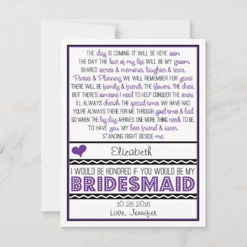 Will you be my Bridesmaid PurpleBlack Poem Card