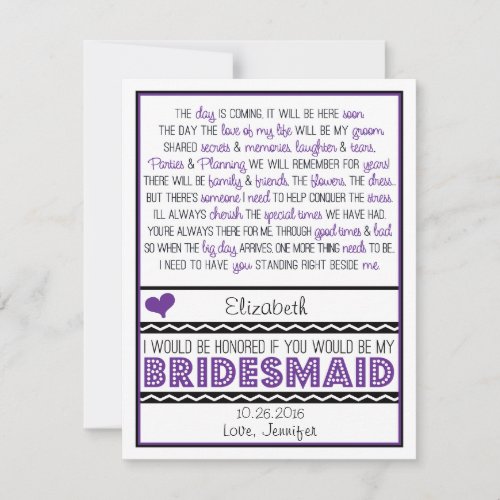 Will you be my Bridesmaid? Purple/Black Poem V2 Personalized Invites