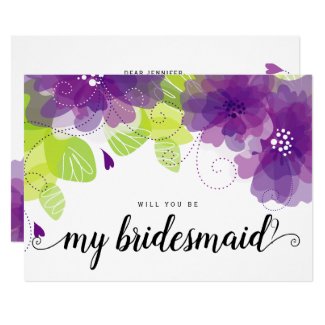 Will you be my bridesmaid purple flowers card
