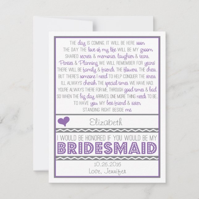 Will you be my Bridesmaid? Purple/Gray Poem Card (Front)