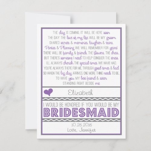 Will you be my Bridesmaid? Purple/Gray Poem Card