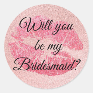 will you be my bridesmaid?red lips background classic round sticker