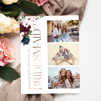 Will You Be My Bridesmaid Red & Navy Florals Photo Invitation Postcard