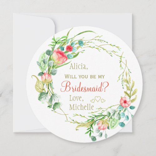 Will you be my bridesmaid red roses wreath invitation