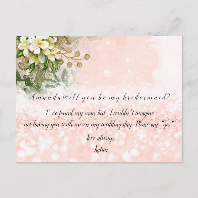 Will You Be My Bridesmaid Rose Blush Glitter Flora Invitation Postcard (Front)