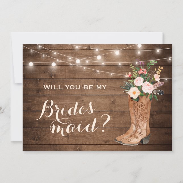 Will You Be My Bridesmaid Rustic Girl Boots Floral Invitation (Front)