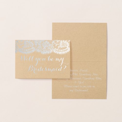 Will You Be My Bridesmaid Rustic Kraft  Lace Foil Card