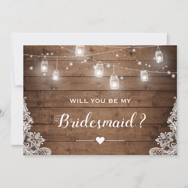 Will You Be My Bridesmaid Rustic Mason Jar Lights Invitation (Front)