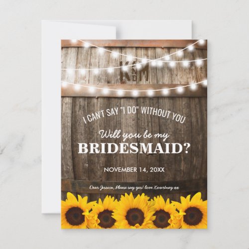 Will you be my Bridesmaid? | Rustic Sunflower Invitation - Looking at asking someone to be your bridesmaid for your future wedding, then why not choose these rustic country sunflower bridesmaid cards. This personalized invitation will make your friend, sister, cousin, niece, daughter or whoever else you want to be in your wedding that extra special.