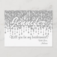 Will You Be My Bridesmaid | Silver glitter Look Invitation Postcard