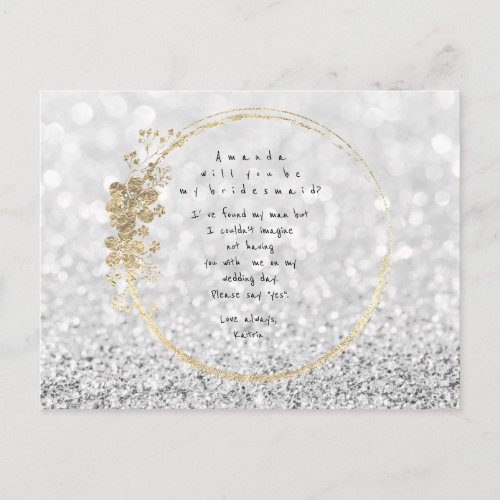 Will You Be My Bridesmaid Silver Gray Gold Glitter Invitation Postcard
