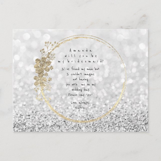 Will You Be My Bridesmaid Silver Gray Gold Glitter Invitation Postcard (Front)
