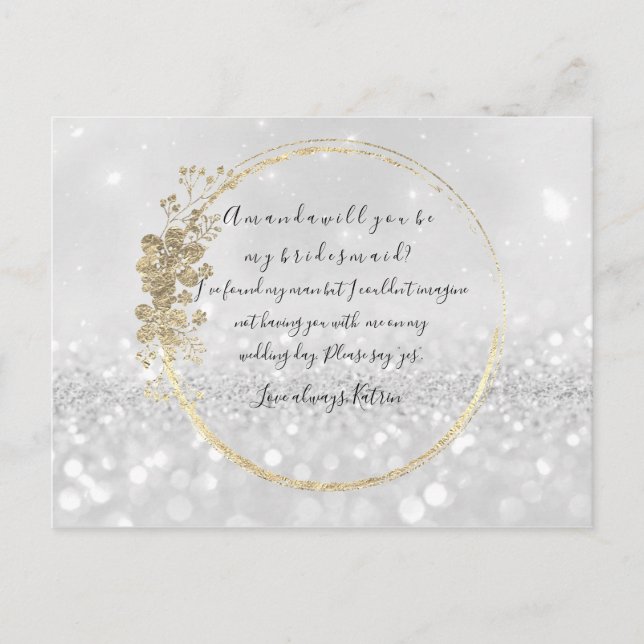 Will You Be My Bridesmaid Silver Gray Gold Glitter Invitation Postcard (Front)