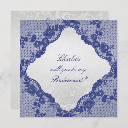 Will You Be My Bridesmaid Silver Navy Blue Lace Invitation